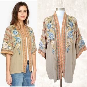 Johnny Was Tan Floral Kimono Jacket with Ornate Trim